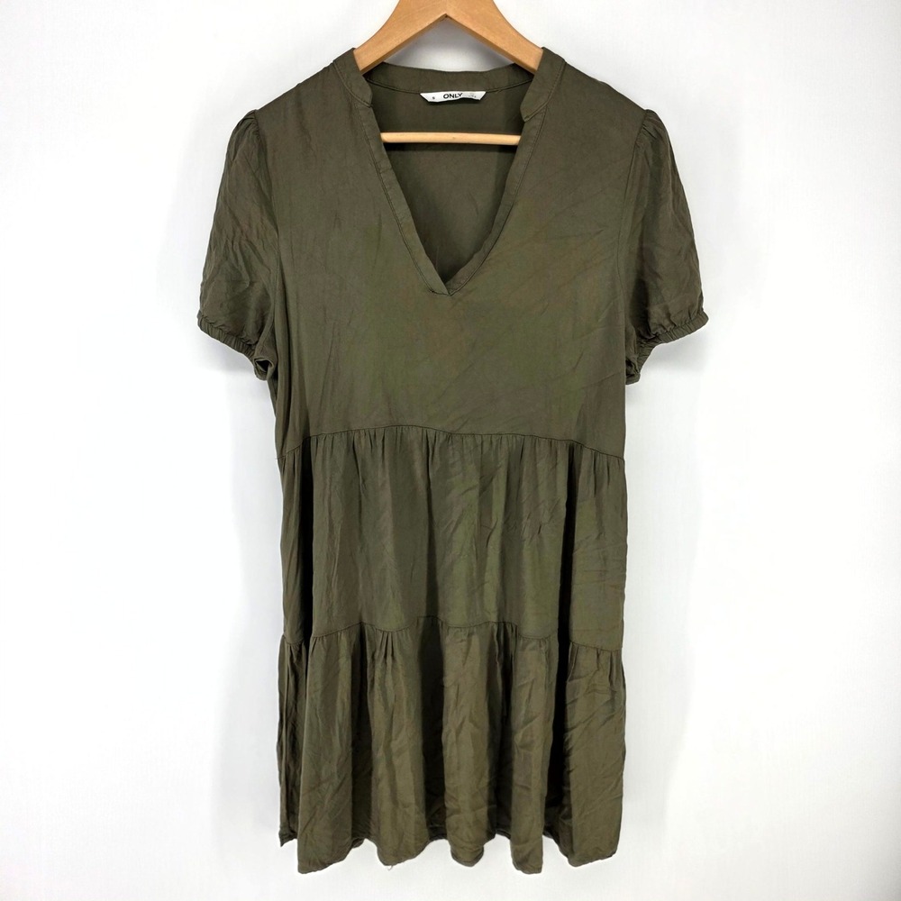 ONLY Tiered Mini Dress Womens Size S Olive Green V-Neck Short Sleeve Smock Boho